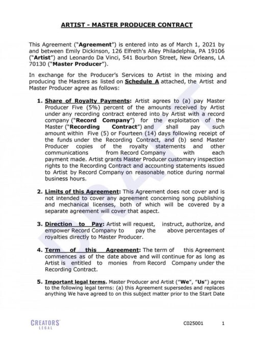 Artist Master Producer Contract (no Recording Contract)