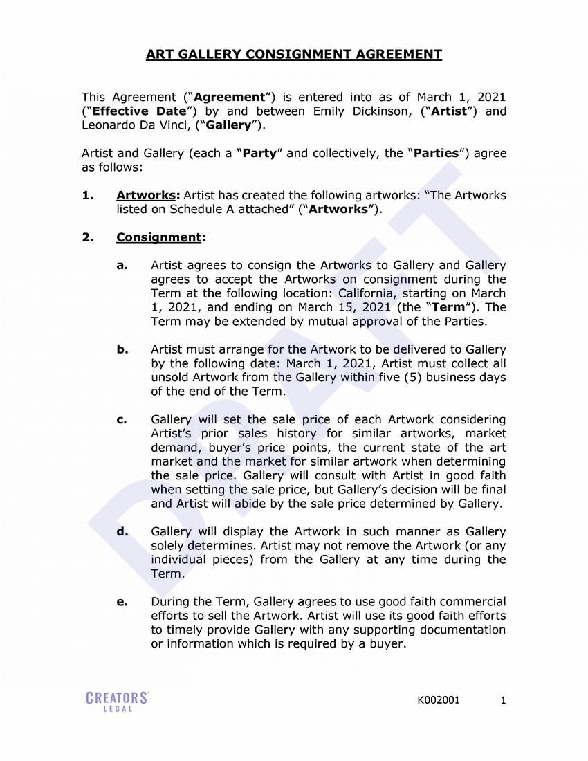 Art Gallery Consignment Agreement Creators Legal