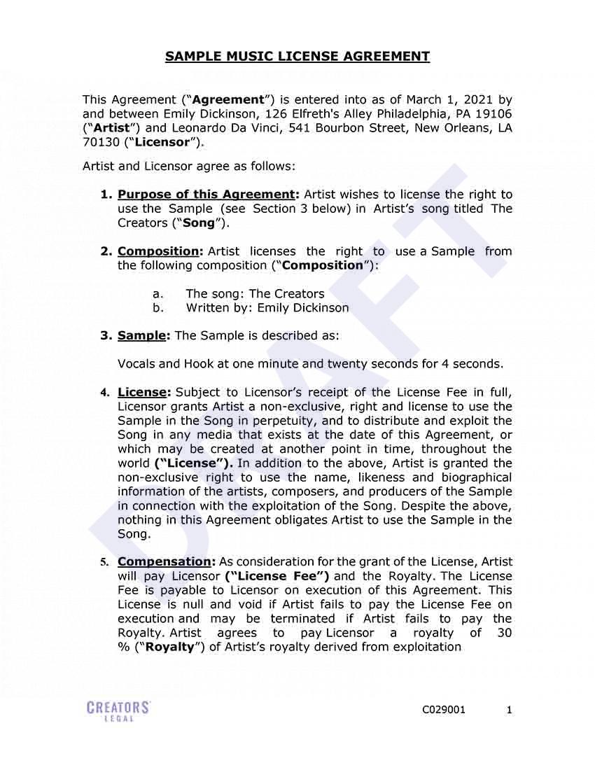 Sample Music License Agreement Creators Legal