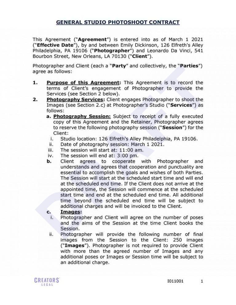 General Studio Photoshoot Agreement Creators Legal