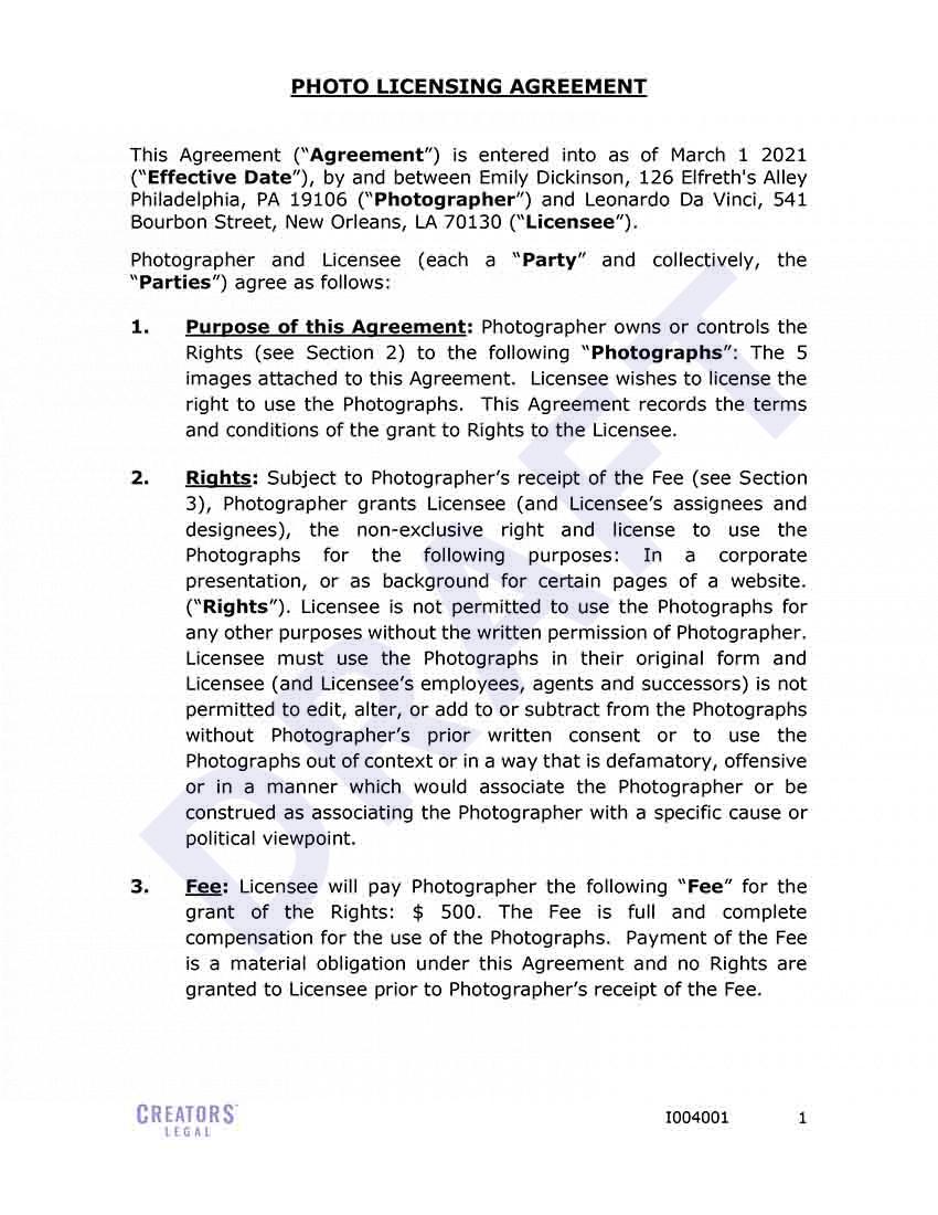 Customizable Photo Licensing Agreement Creators Legal