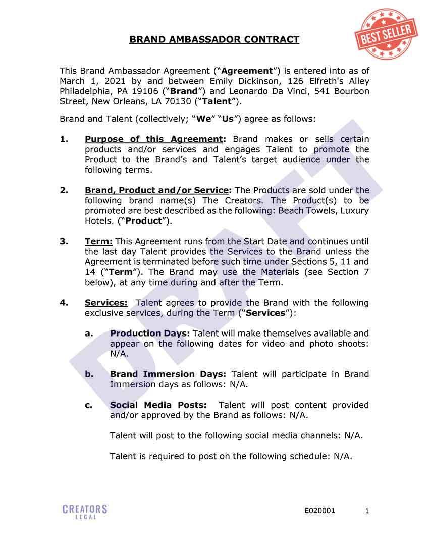 Brand Ambassador Contract Template Creators Legal
