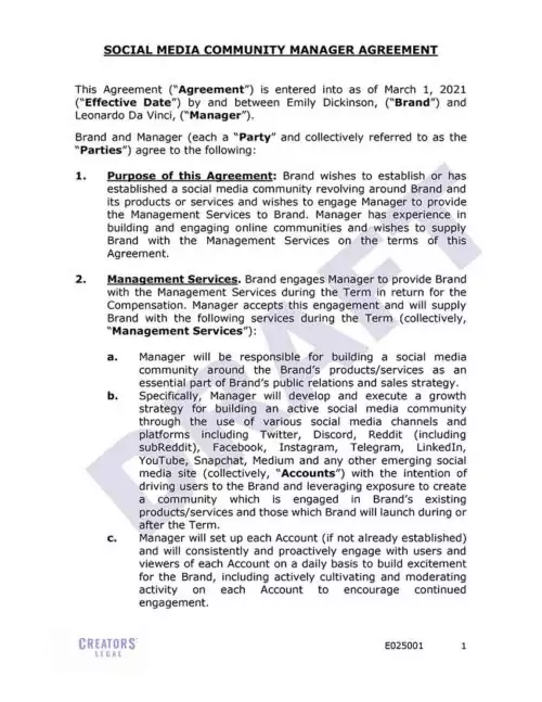 Creators Legal Social Media Community Manager Agreement