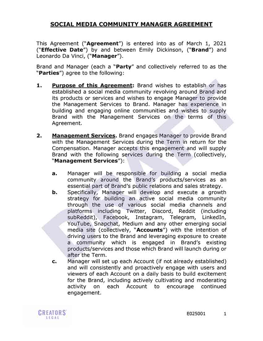 Social Media Community Manager Agreement Creators Legal