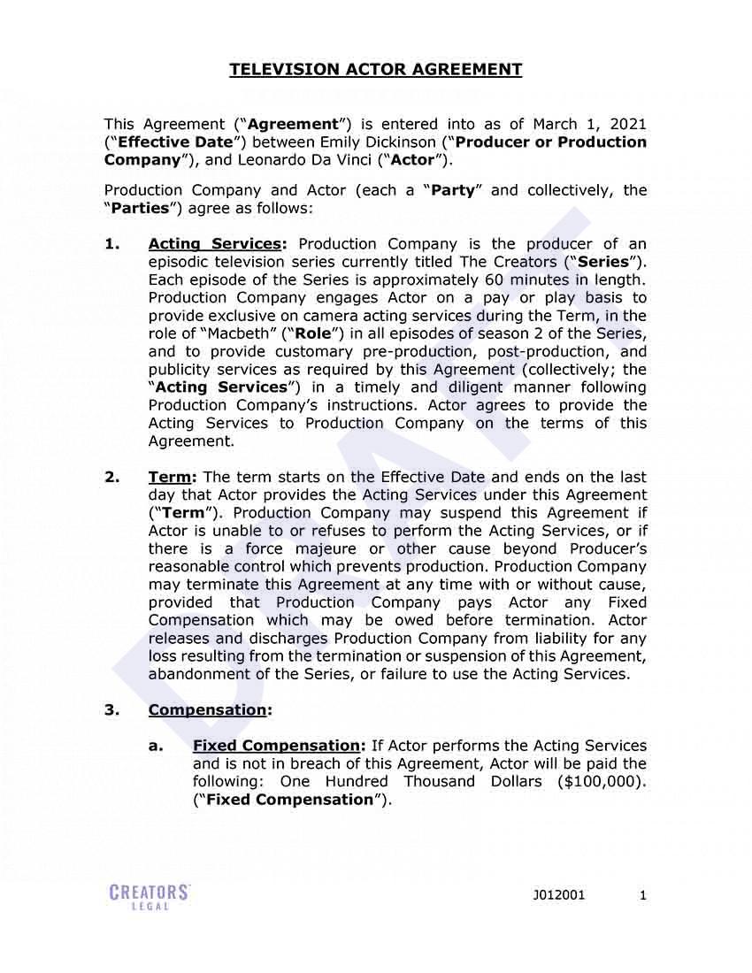 Television Actor Agreement Creators Legal Television Actor Agreement Creators Legal