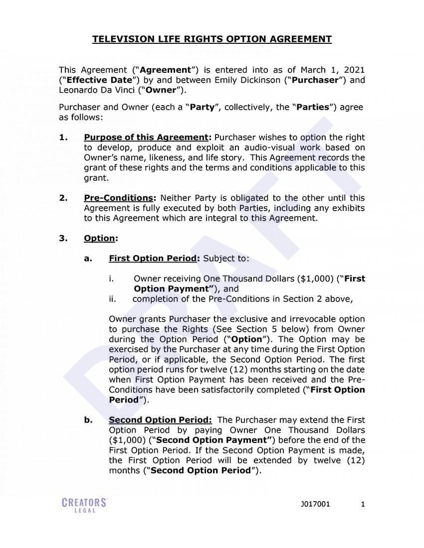 Television Life Rights Option Agreement (LRA for TV) Creators Legal
