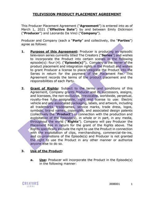 Television Product Placement Agreement