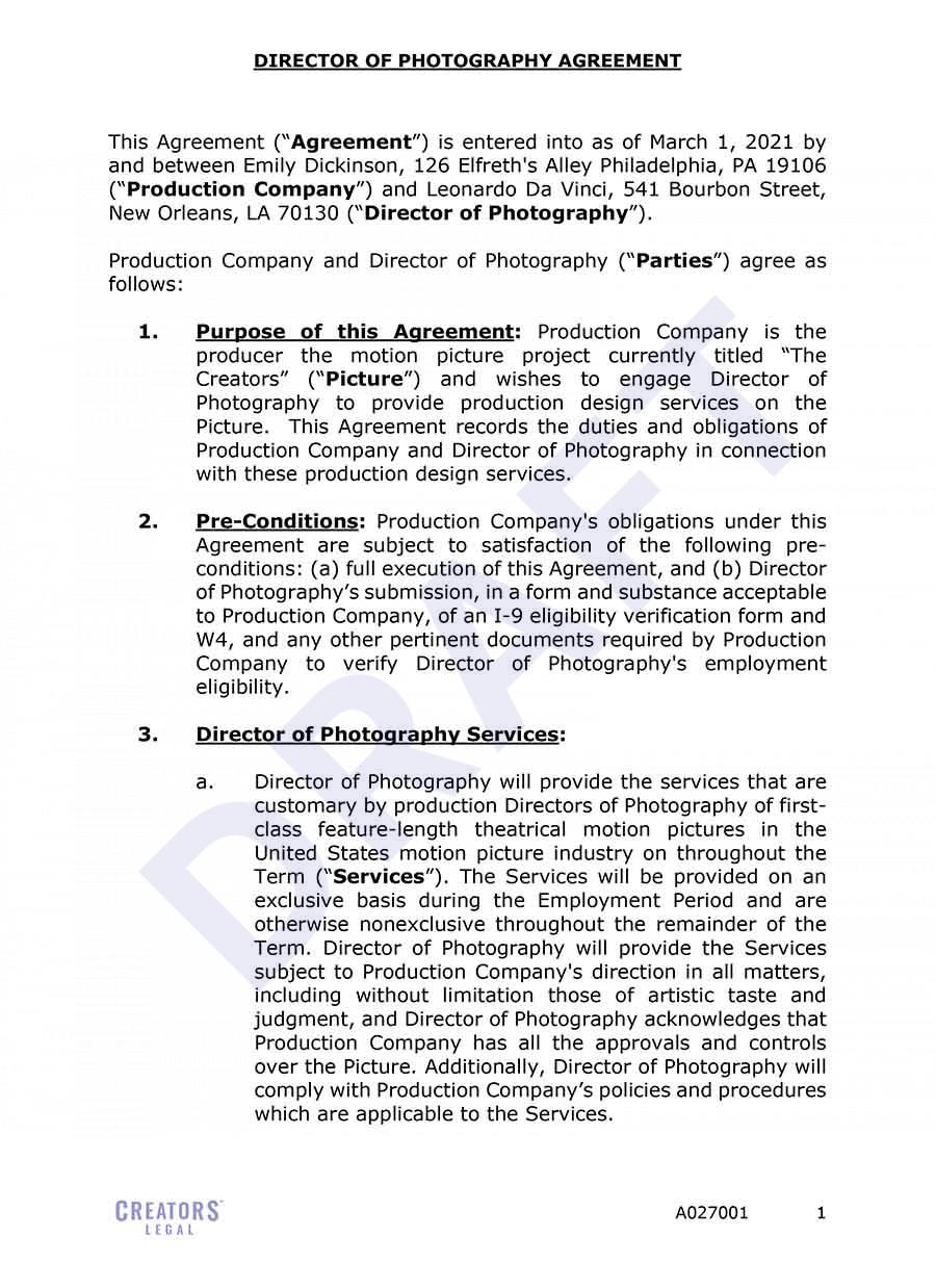 Film Director of Photography Agreement Creators Legal