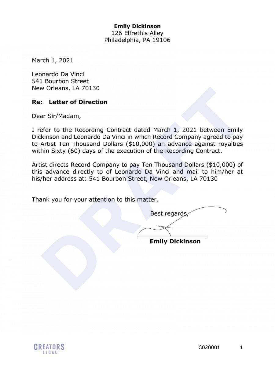Music Recording Royalties Letter of Direction Creators Legal