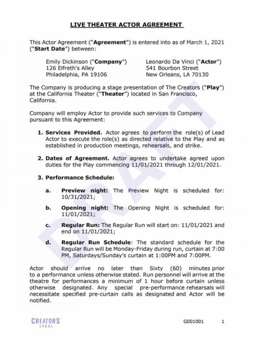 Live Theater Actor Agreement