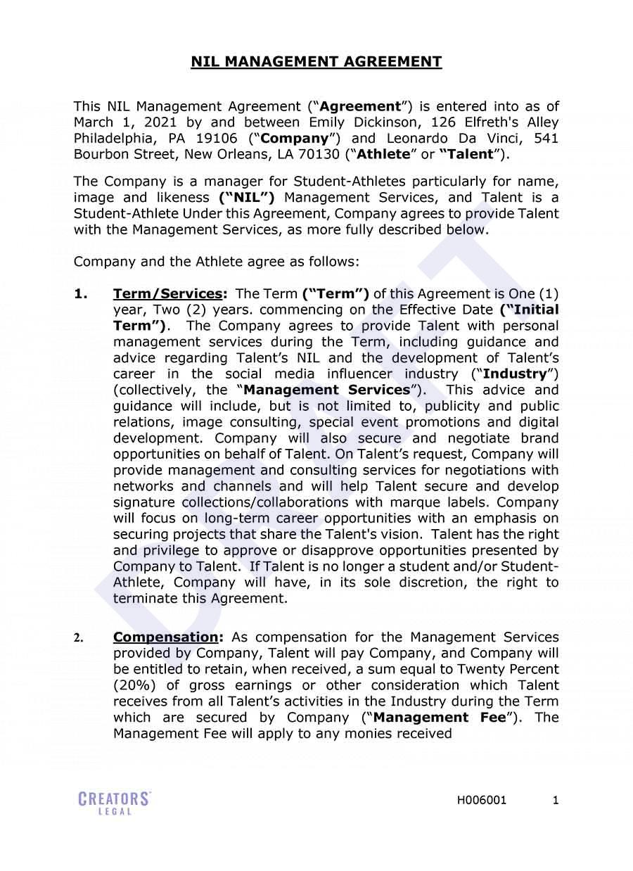 NIL Management Agreement for Student Athletes Creators Legal NIL Management Agreement for Student Athletes Creators Legal