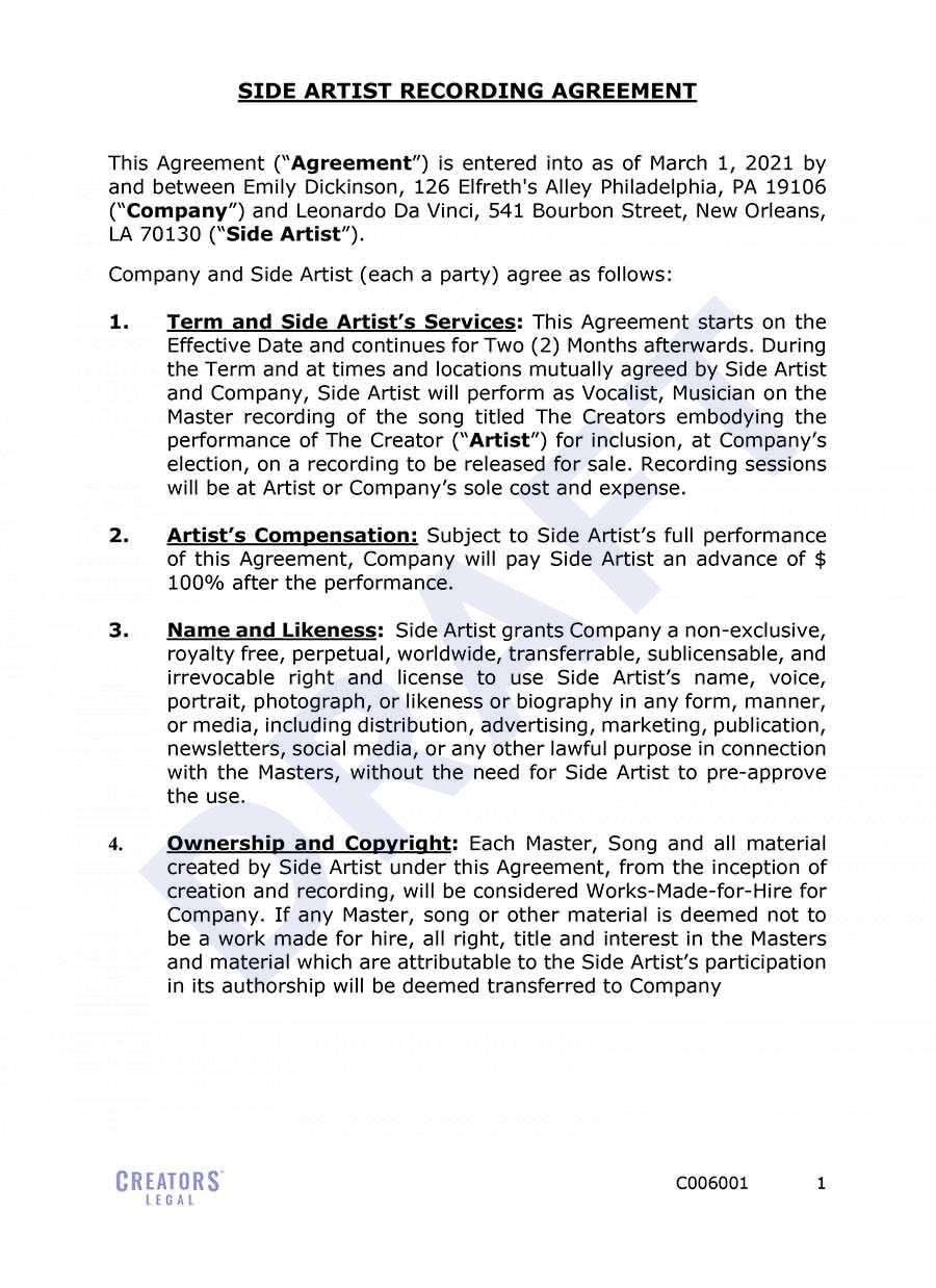 Side Artist Recording Agreement Creators Legal