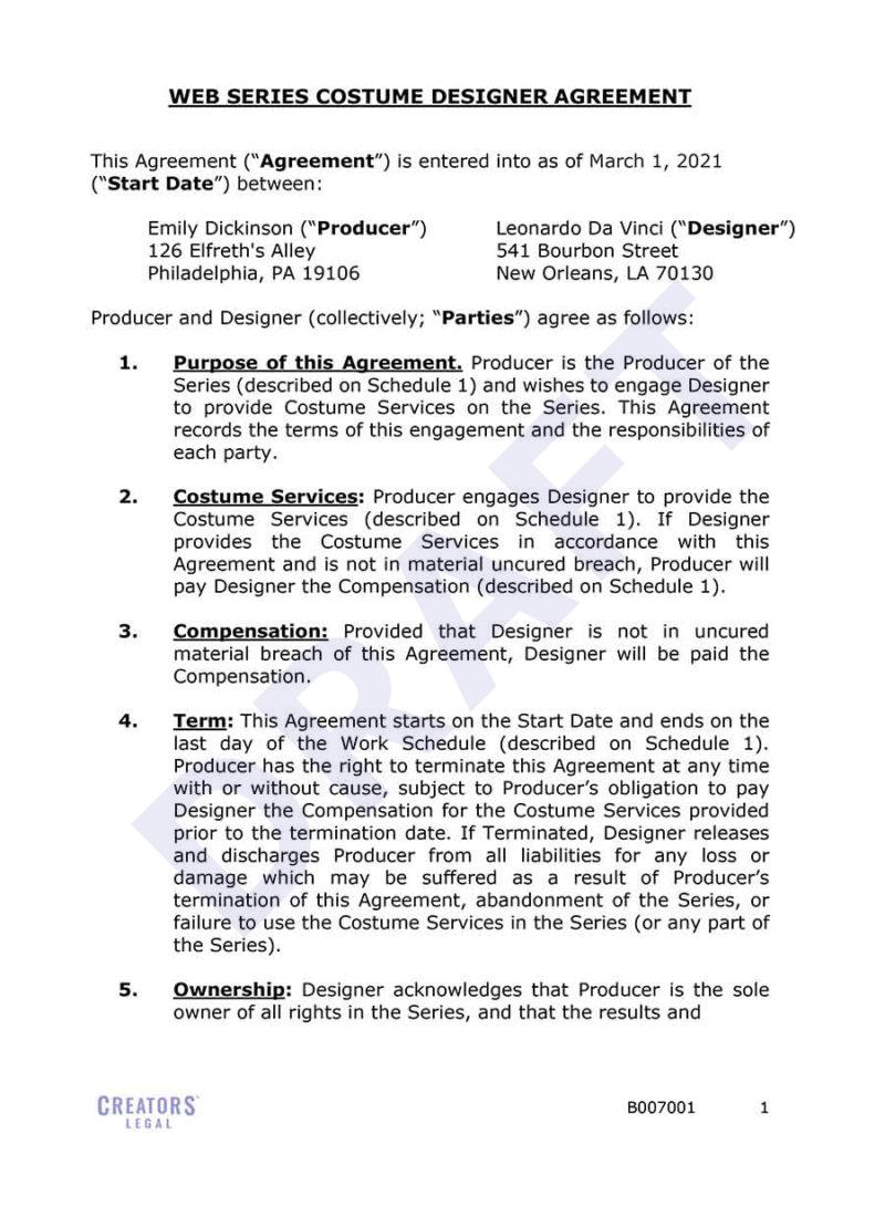 Web Series Costume Designer Agreement - Creators Legal