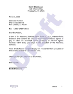 Creators Legal Music Recording Royalties Letter of Direction